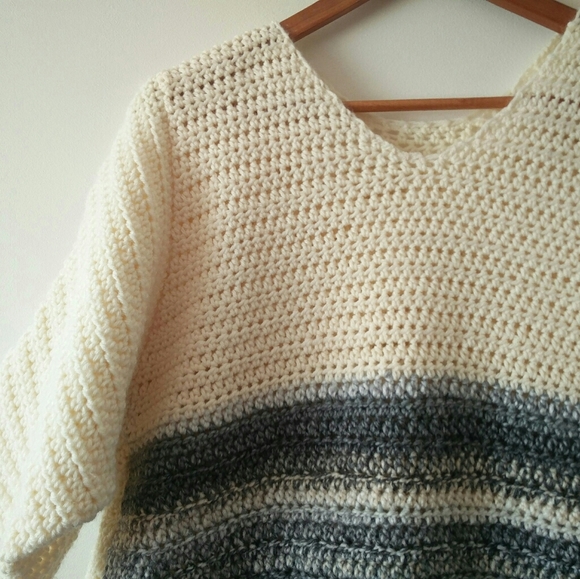 Hand Knit Short Sleeve Cream & Grey Blue Stripped Tunic Sweater - Picture 5 of 13